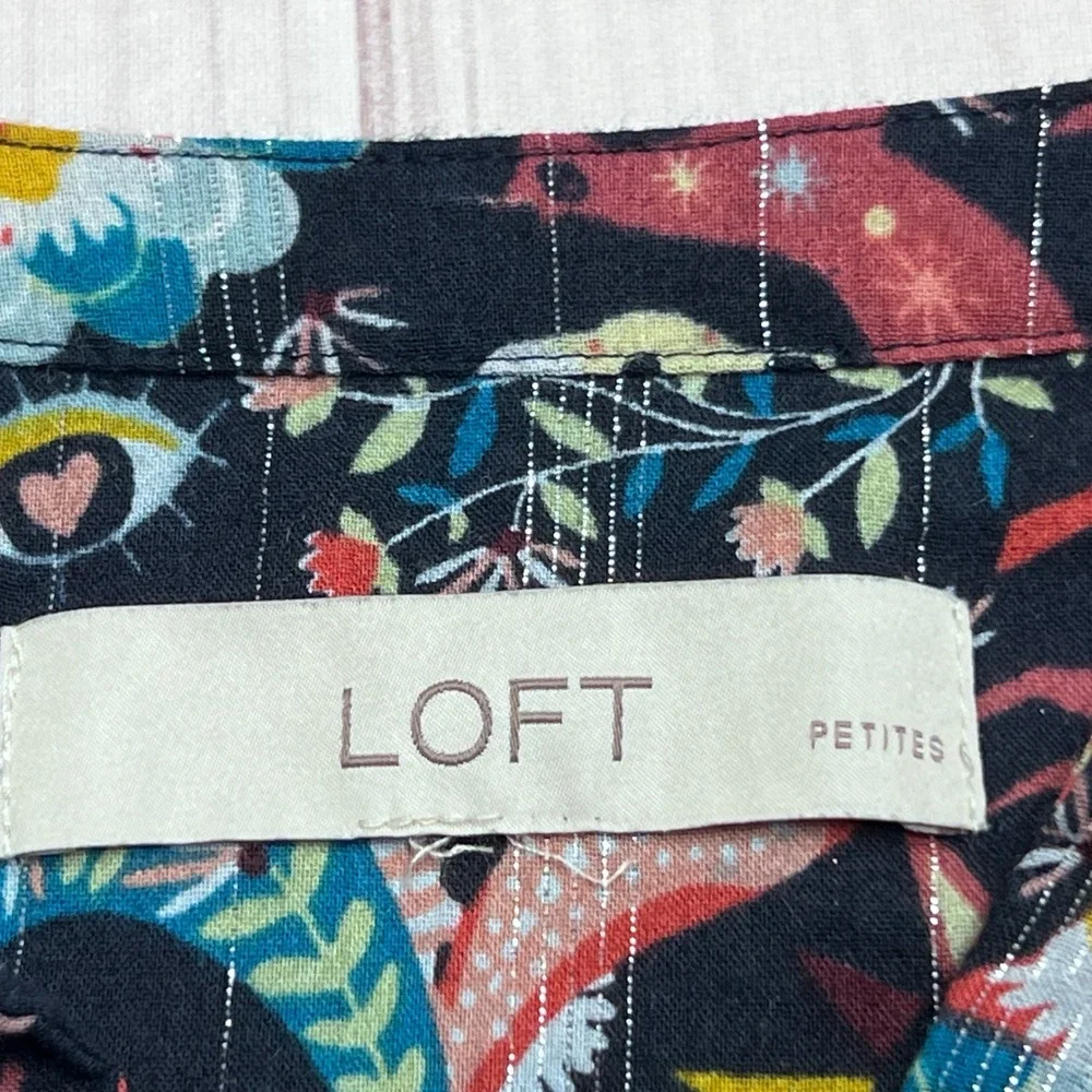 LOFT Paisley Blouse Women PS Blue Multi Lurex Stripe Puff Sleeve Tie Neck Top